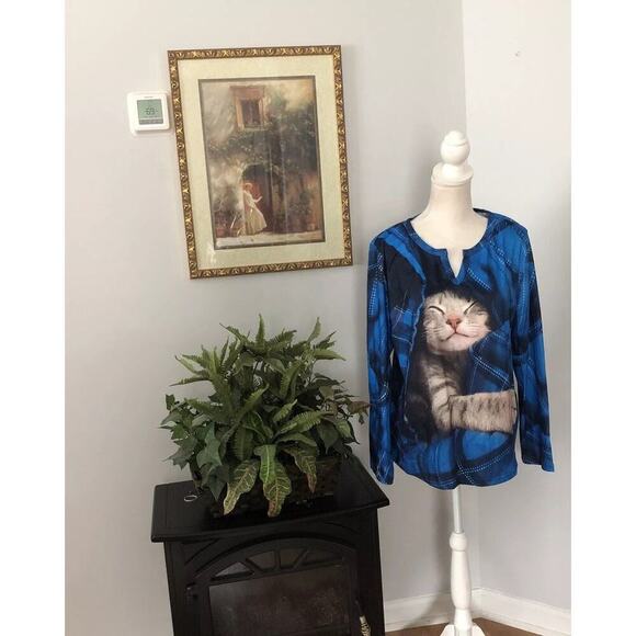 Nararora Woman Cute Kitty Friends 3D Print Blouse Long Sleeve Size Medium Blue - Picture 1 of 9